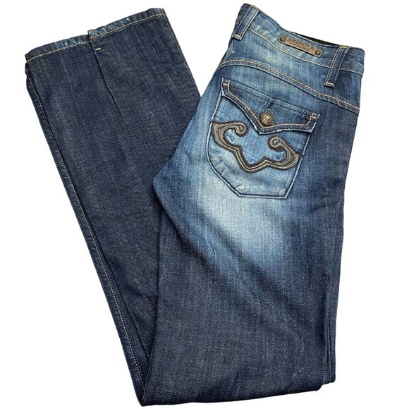 Express ReRock Jean Women 6 Blue Distressed Stitch Pocket Cotton Flap Stretch - Picture 1 of 16